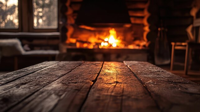 Rustic cabin interior, with a glowing fireplace and a worn wooden table.