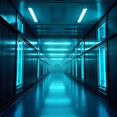 Fototapeta premium Futuristic sci-fi corridor with glowing blue energy bars and metallic walls, illuminated by cold white lights in a tense, high-security atmosphere — 3D render