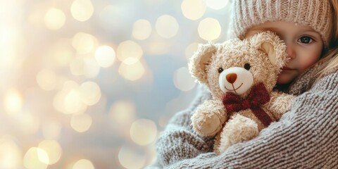 a young girl in a knitted sweater and hat holding a small teddy bear in her hands 