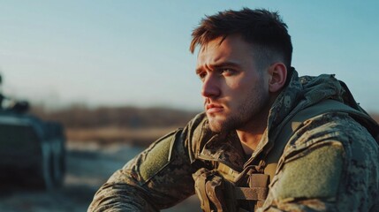 Obraz premium A soldier sits on a tank, gazing contemplatively into the distance as the sun sets. He wears combat gear and appears deep in thought, embodying the weight of his responsibilities