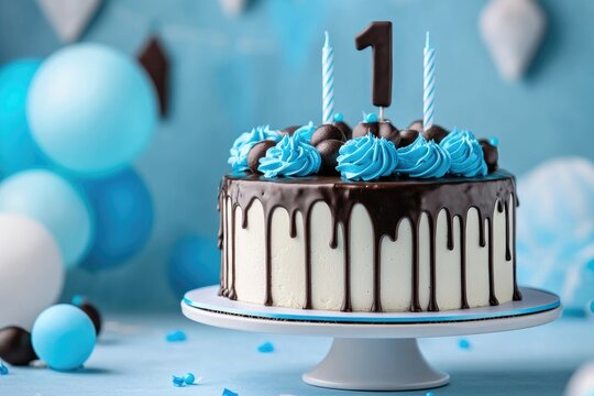 Delicious cake celebrating first birthday with blue and white balloons