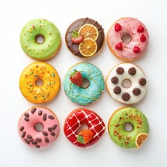 Fototapeta premium Colorful donuts with various toppings, creating a vibrant and tempting arrangement. Perfect for bakery, dessert, or food-related projects.