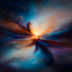 Fototapeta premium Abstract Cosmic Landscape Vibrant Sunset over Dreamlike Nebula A breathtaking digital painting of a celestial sunrise