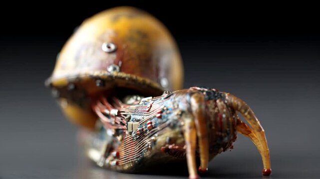 Futuristic cybernetic snail with metallic shell and wires.