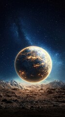 Spectacular Cosmic Landscape Featuring a Glowing Planet Above a Breathtaking Mountain Scene Under a Starry Night Sky