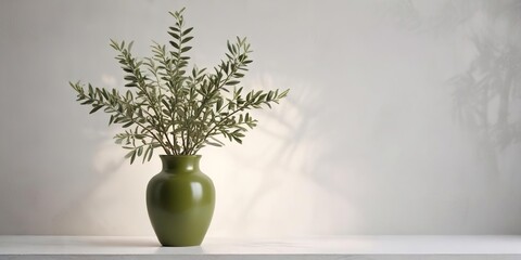 Olive green twigs in a vase on a white wall background, decor, botanical, nature