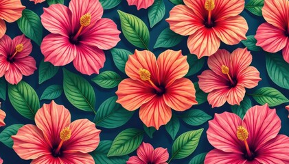 Bold tropical hibiscus blossoms, vibrant repeat pattern , leaf, design