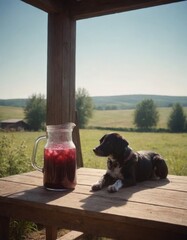 Dog relaxes beside refreshing pitcher in sunlit countryside setting during summer afternoon