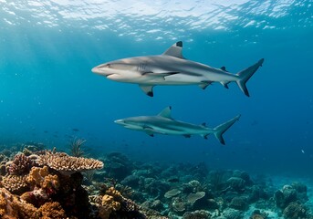 Obraz premium Oceanic Grace: Reef Sharks in Sunlight AI Generated