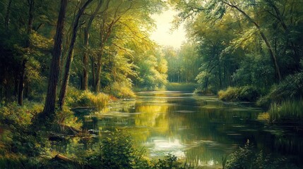 Obraz premium Serene forest river scene, sunlight filtering through trees.