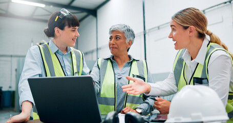 Women, engineers and laptop with team for planning, discussion and communication at factory. Female employees, collaboration and production brainstorming for design on internet or connection and ppe