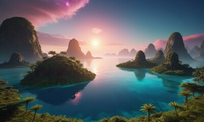 Stunning sunrise over serene tropical islands with lush greenery and reflective waters in a tranquil landscape