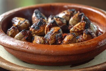 Fototapeta premium A close-up shot features a bowl of grilled chicken hearts, ready to be served as a starter.