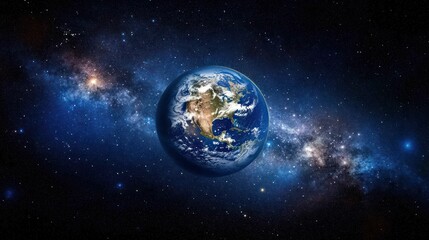 Obraz premium Image of the Earth in space, against a galaxy and nebula background.