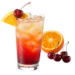 Layered summer cocktail with gradient orange to red colors served chilled in stylish glassware.