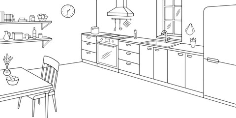 Kitchen room graphic black white home interior sketch illustration vector 
