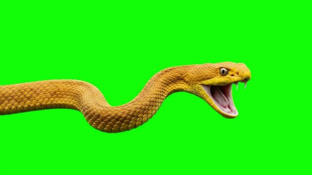 Coiled yellow snake with open mouth on green screen animation