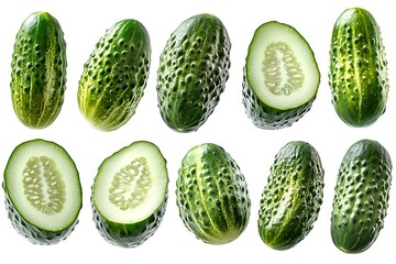 Fresh cucumbers isolated on white background with whole and sliced vegetables for food concepts