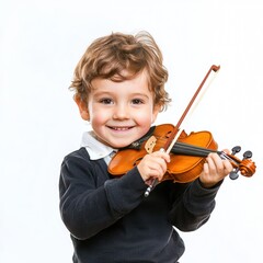 a photo of a young boy holding a violin with a smile 