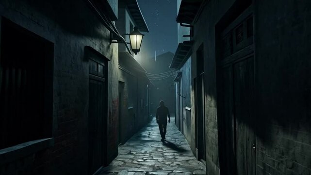 A man walks along the quiet country road at night, moonlight casting shadows around him.
