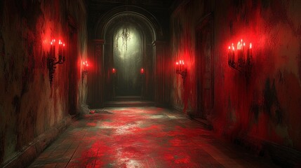 Bloody hallway in gothic mansion with eerie red glow