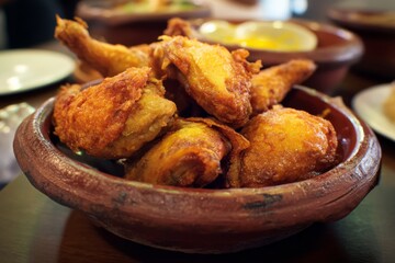 A rustic bowl overflowing with crispy, delicious, golden-brown fried chicken pieces.