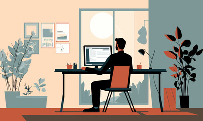 Fototapeta premium Remote Work Efficiency: Minimalist Flat Vector of Man Working from Home Office