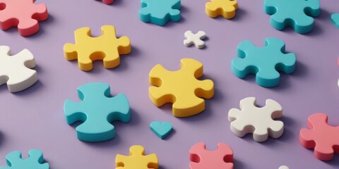 Obraz premium Colorful puzzle pieces scattered on a purple background with various shapes and sizes creating a playful arrangement