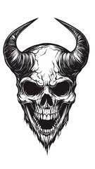Monochrome Horned Demon Skull Line Art Vector for Dark Fantasy and Tattoo Design