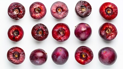 Top down view of wild American plums with deep red hues halved and whole on white background native USA fruit featured in jams and natural food photography cut out on isolated transparent background