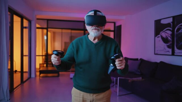 Senior man immersed in virtual reality game, moving confidently in tech-lit room, showing digital fluency, energy and playfulness in a bold, modern and active lifestyle