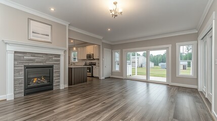 Fototapeta premium Open-concept living area with fireplace and patio access