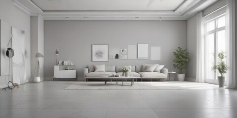 Spacious, light gray studio setting with white accents, off-white, tone