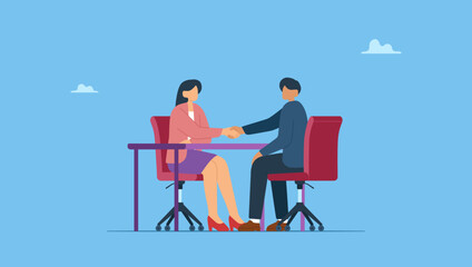 Vector illustration of A young woman and a man in suit shaking hands. HR interview new employee. Employment interview, business job Interview, deal agreement concept.