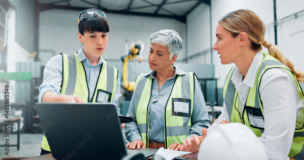 Poster engineer women, teamwork and laptop in meeting for planning, discussion or communication at factory.