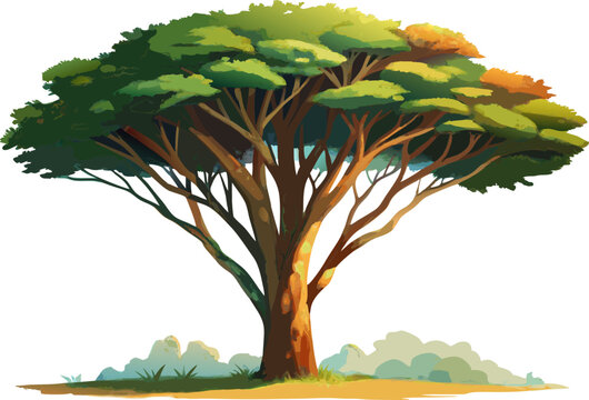 A watercolor depiction of an African Mahogany Tree (Khaya senegalensis), with a tall straight trunk and glossy dark green leaves, isolated on white Background.