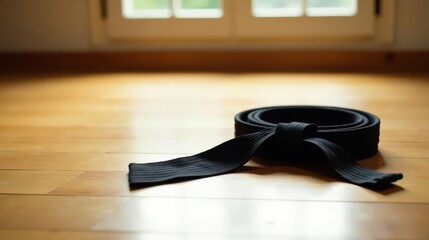 A Rolled Black Belt on a Polished Wooden Floor, Symbolizing Dedication and Achievement in Martial Arts