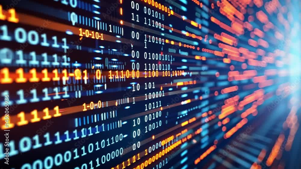 Poster vibrant digital innovation exploring data processing and technology through streams of binary code i