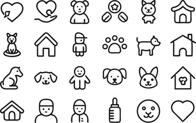Child and pet activity themed icon collection in simple outline style perfect for educational resources pet care content family events and interactive children’s designs