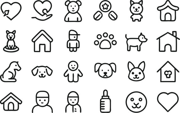 Child and pet activity themed icon collection in simple outline style perfect for educational resources pet care content family events and interactive children’s designs