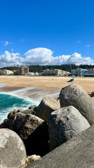 Seaside Tranquility: Rocks and Waves Under the Clear Sky