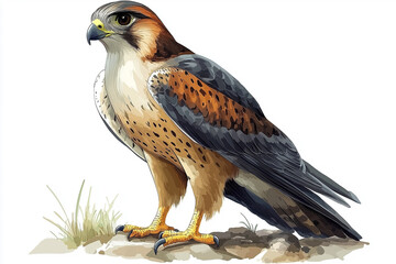 A majestic falcon stands proud, showcasing detailed feather textures and intense gaze, rendered in a photorealistic style.