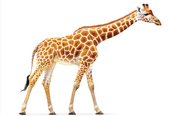 Fototapeta premium A majestic giraffe stands tall, showcasing its unique patterned coat and towering height, a symbol of the African wilderness.