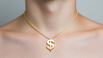 Golden dollar sign necklace. Close-up shot, centered on chest. Plain background. Wealth and finance concept. Fashion jewelry. Stylish and valuable.
