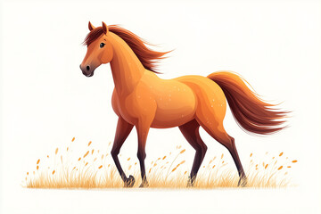 A majestic illustration of a horse, its vibrant coat shimmering in the golden sunlight, traversing a meadow in a display of strength and grace. 