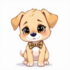 Fototapeta premium 2D style, adorable puppy wearing patterned bow tie with big brown eyes, crisp white background