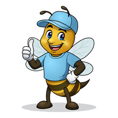 Bee Mascot wearing a blue cap and t-shirt cartoon character design 