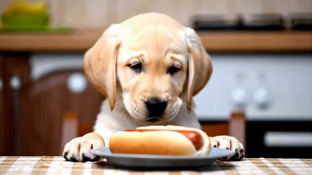 labrador retriever dog puppy on the table, looking at food