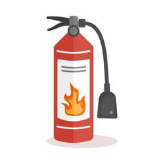 Obraz premium Red fire extinguisher with flame symbol. Safety equipment for emergency and fire protection. Vector illustration isolated on white background.
