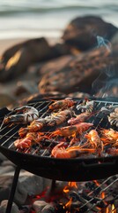 Grilling shrimp and seafood on an open flame by the beach at sunset with smoke rising and glowing embers